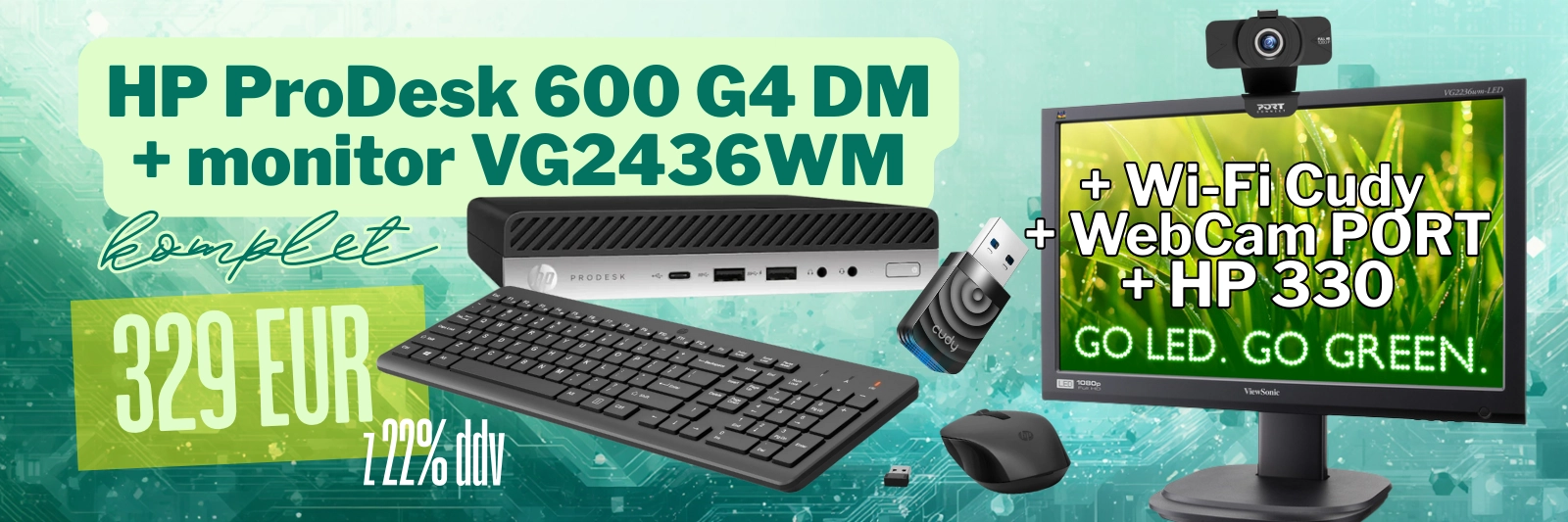 Komplet HP ProDesk 600 G4 DM Demo + monitor VG2436WM + Webcam + Wi-Fi Cudy + HP330 miška tipkovnica